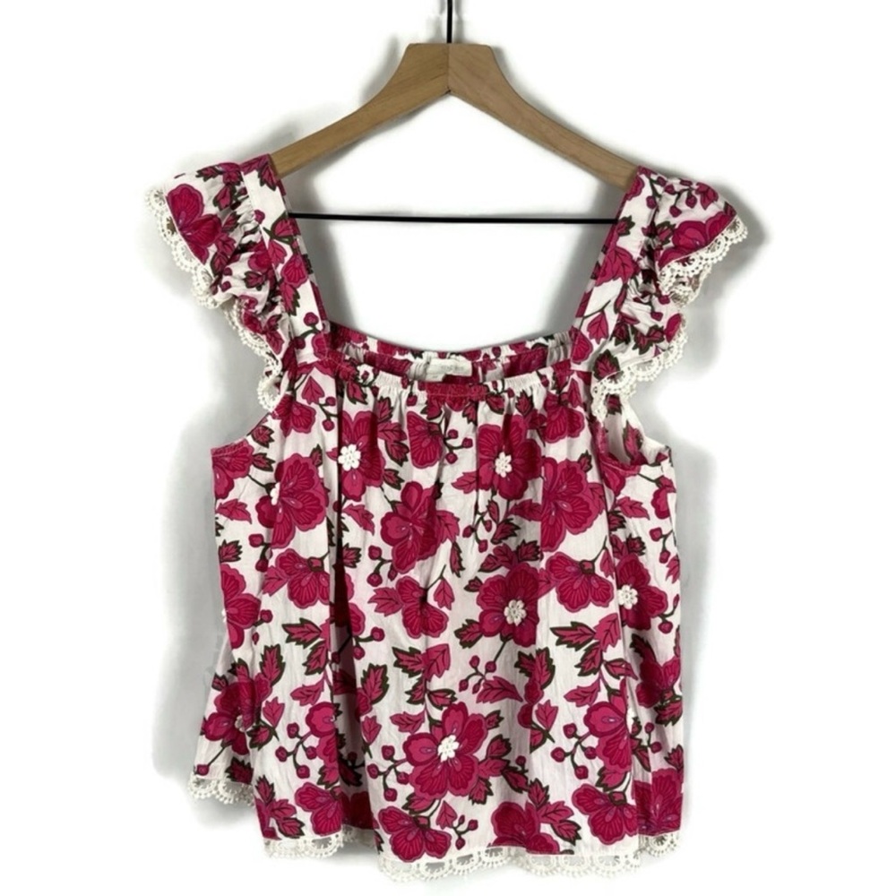 Pink and White Floral Tank Top with Ruffled Sleeves